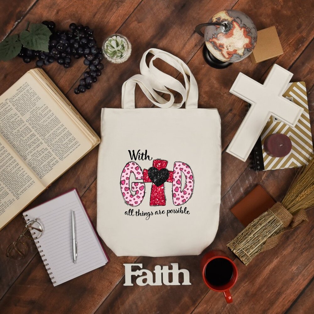 Women's Pink Red Glitter Look DTF With God All Things Are Possible Tote Bag
